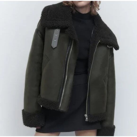 Zara Dark Olive Faux Shearling Double Faced Aviator Jacket Women Size XS Sherpa - Picture 13 of 13